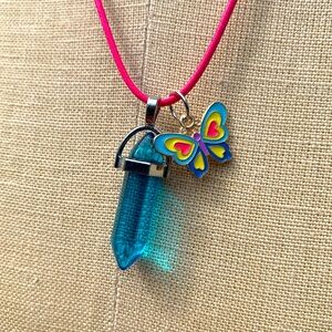 Handmade Blue Colored Resin Dagger Crystal Amulet Necklace & Butterfly Charm